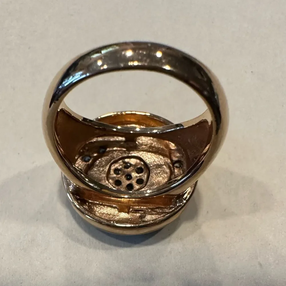 Black Enamel swirl statement ring in gold tone